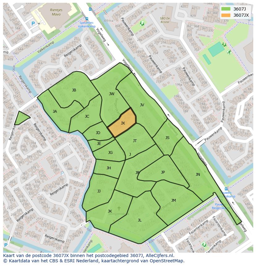 Afbeelding van het postcodegebied 3607 JX op de kaart.
