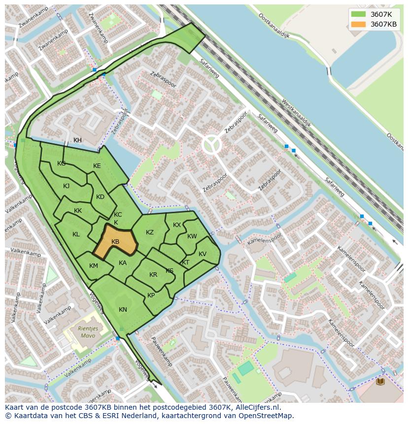 Afbeelding van het postcodegebied 3607 KB op de kaart.