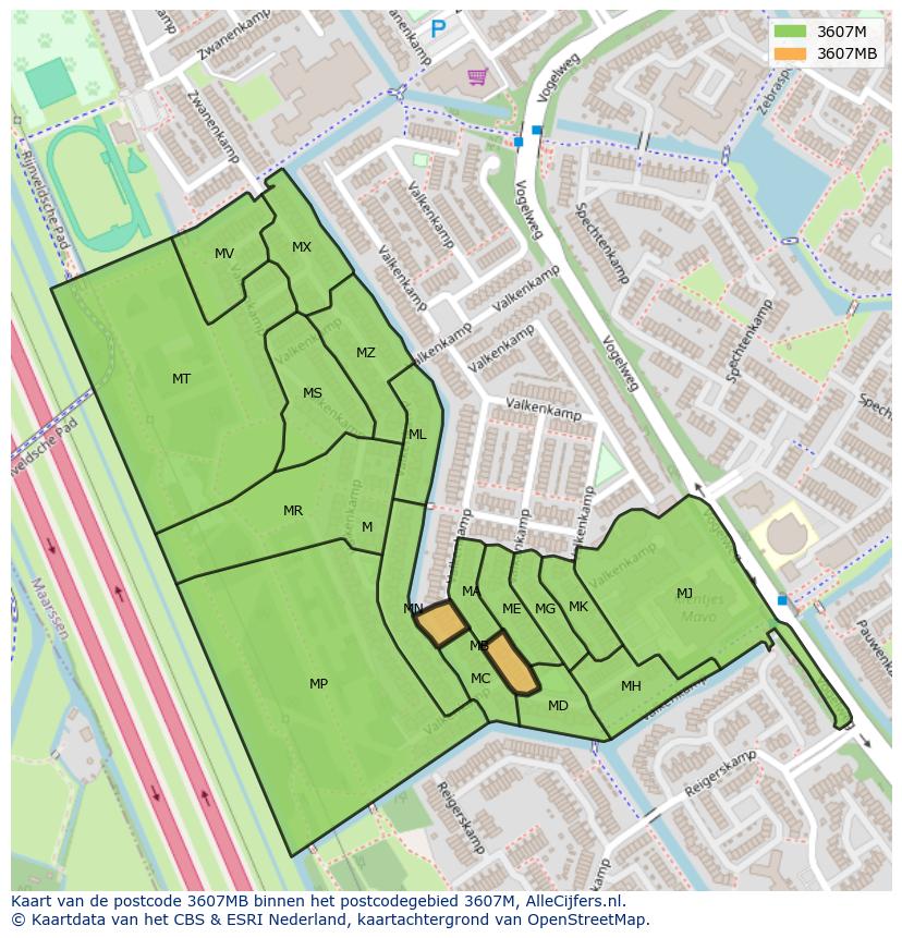 Afbeelding van het postcodegebied 3607 MB op de kaart.