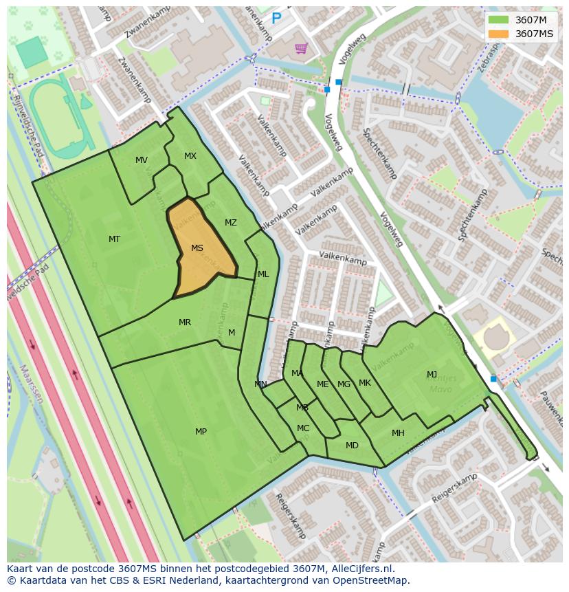 Afbeelding van het postcodegebied 3607 MS op de kaart.