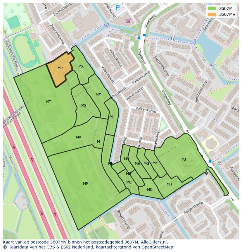 Afbeelding van het postcodegebied 3607 MV op de kaart.