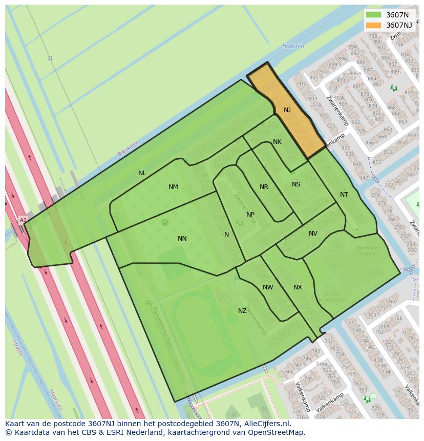 Afbeelding van het postcodegebied 3607 NJ op de kaart.