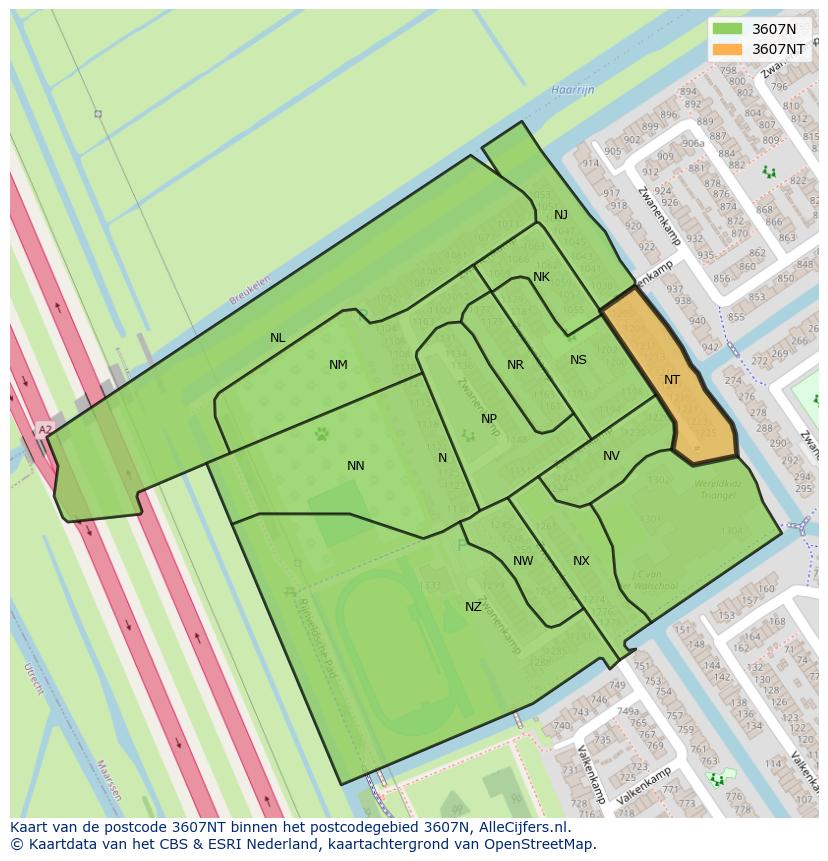 Afbeelding van het postcodegebied 3607 NT op de kaart.