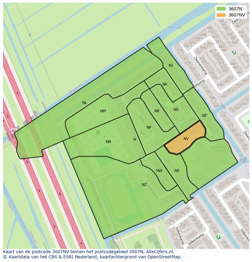 Afbeelding van het postcodegebied 3607 NV op de kaart.
