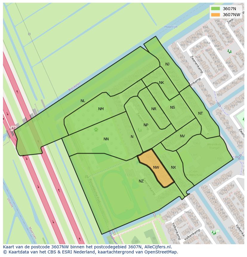 Afbeelding van het postcodegebied 3607 NW op de kaart.
