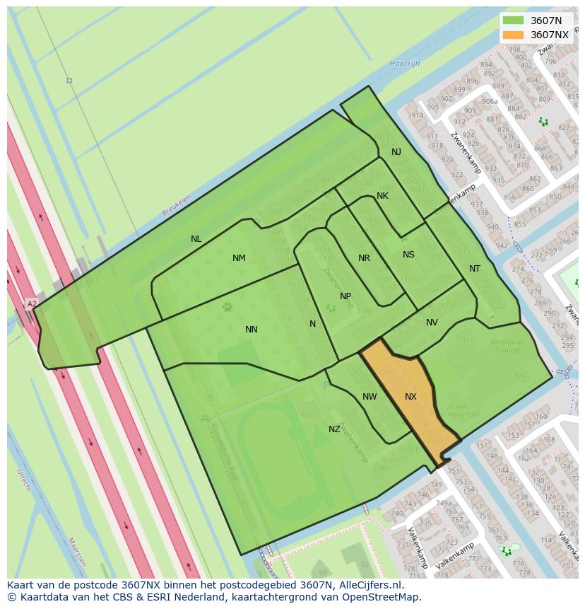 Afbeelding van het postcodegebied 3607 NX op de kaart.