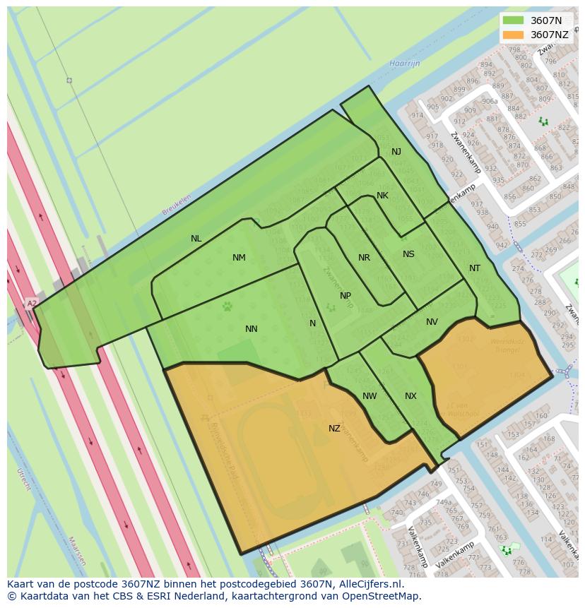 Afbeelding van het postcodegebied 3607 NZ op de kaart.