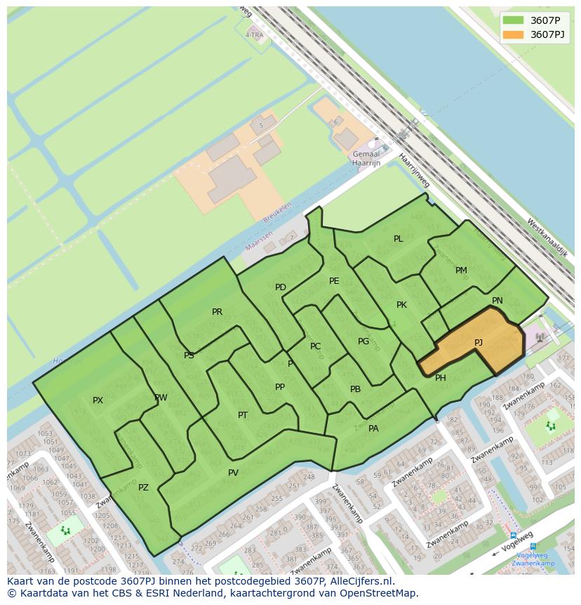 Afbeelding van het postcodegebied 3607 PJ op de kaart.