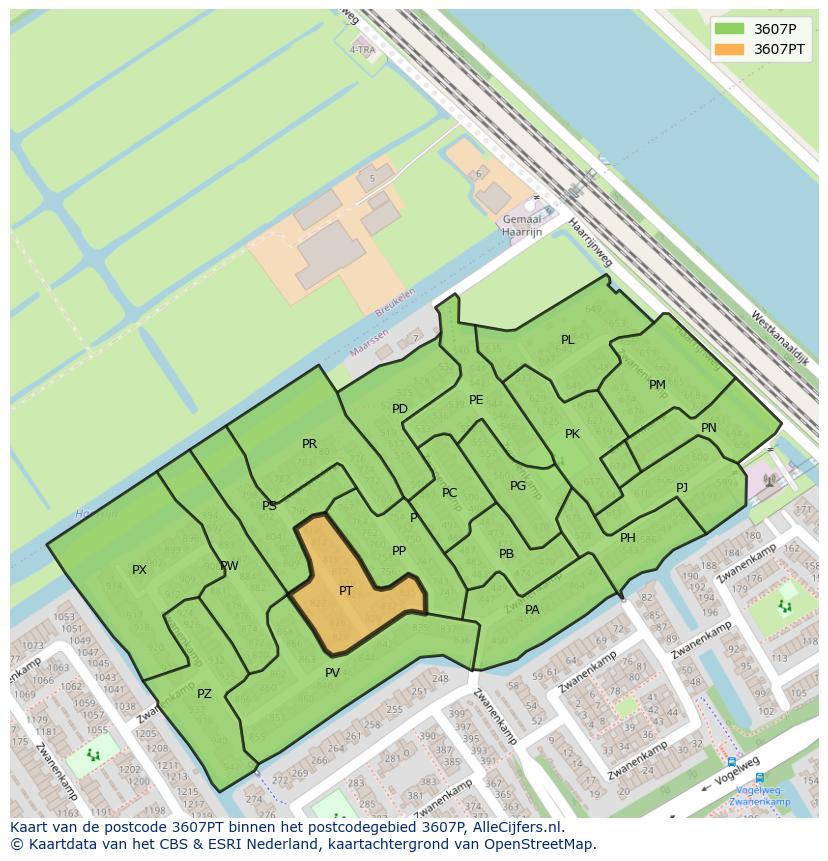 Afbeelding van het postcodegebied 3607 PT op de kaart.