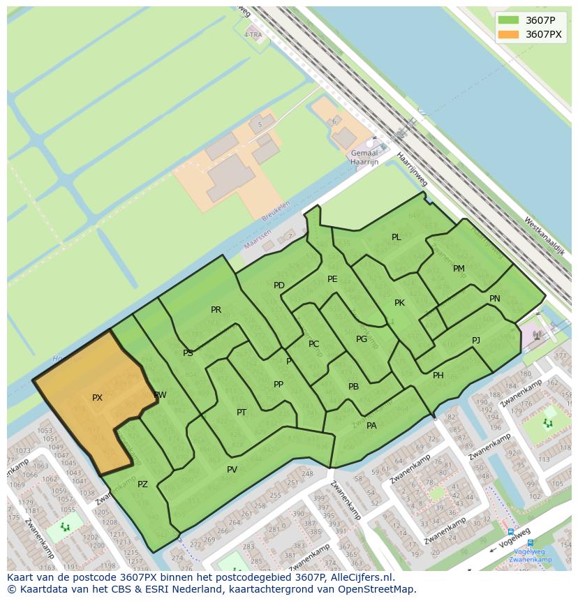 Afbeelding van het postcodegebied 3607 PX op de kaart.