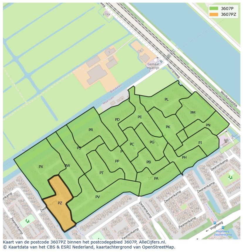 Afbeelding van het postcodegebied 3607 PZ op de kaart.