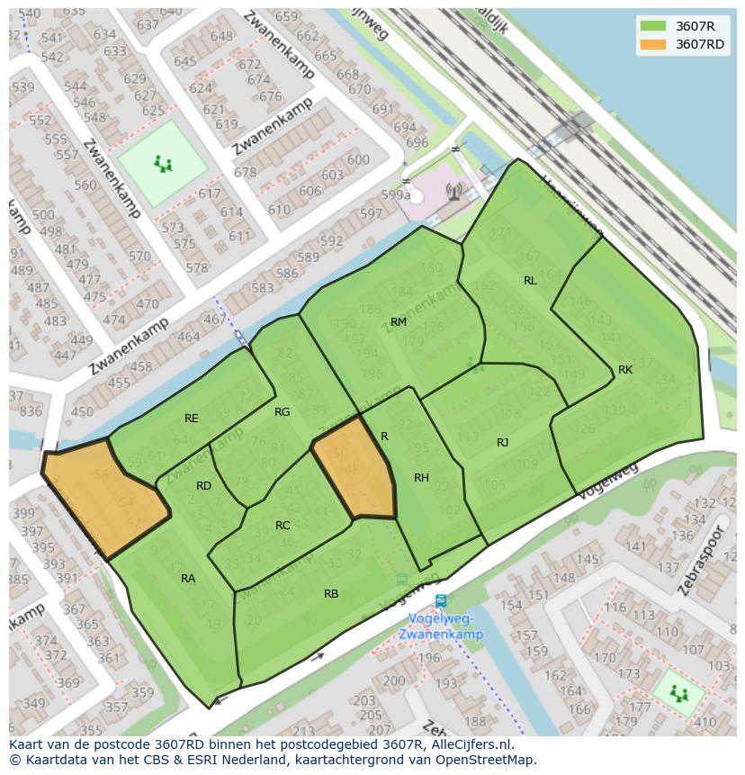 Afbeelding van het postcodegebied 3607 RD op de kaart.