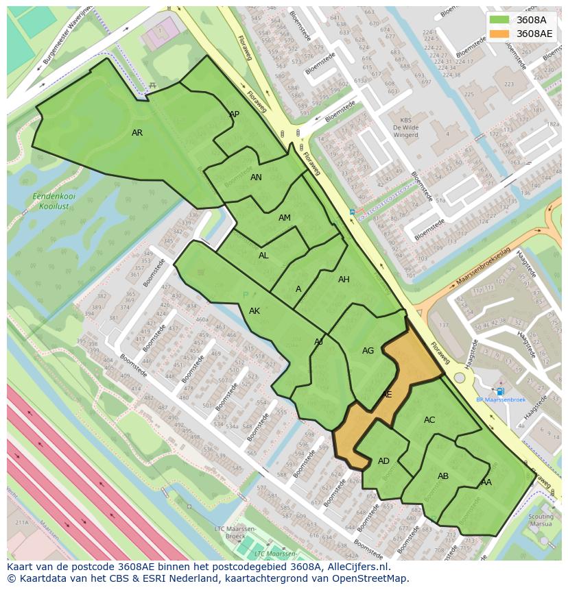 Afbeelding van het postcodegebied 3608 AE op de kaart.