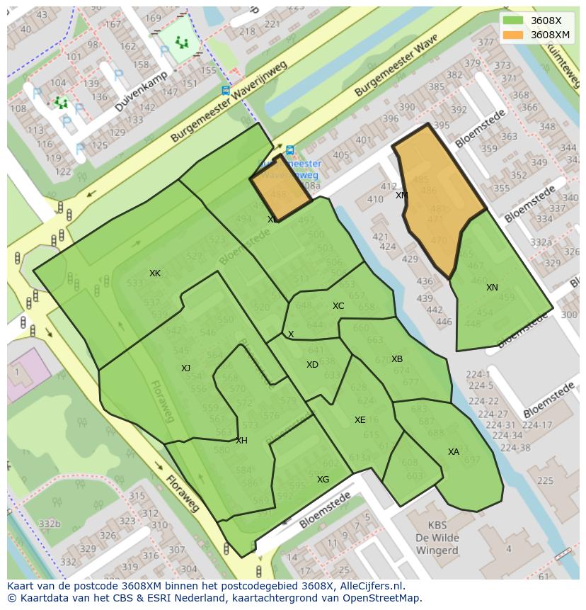 Afbeelding van het postcodegebied 3608 XM op de kaart.