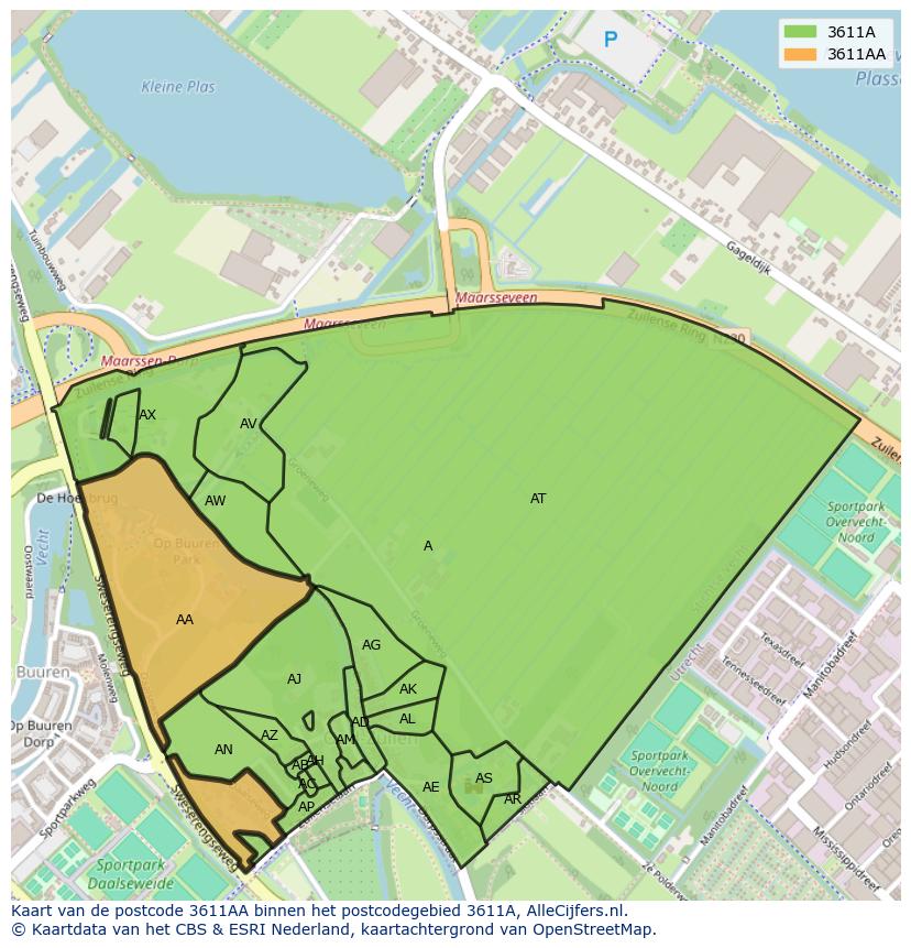 Afbeelding van het postcodegebied 3611 AA op de kaart.