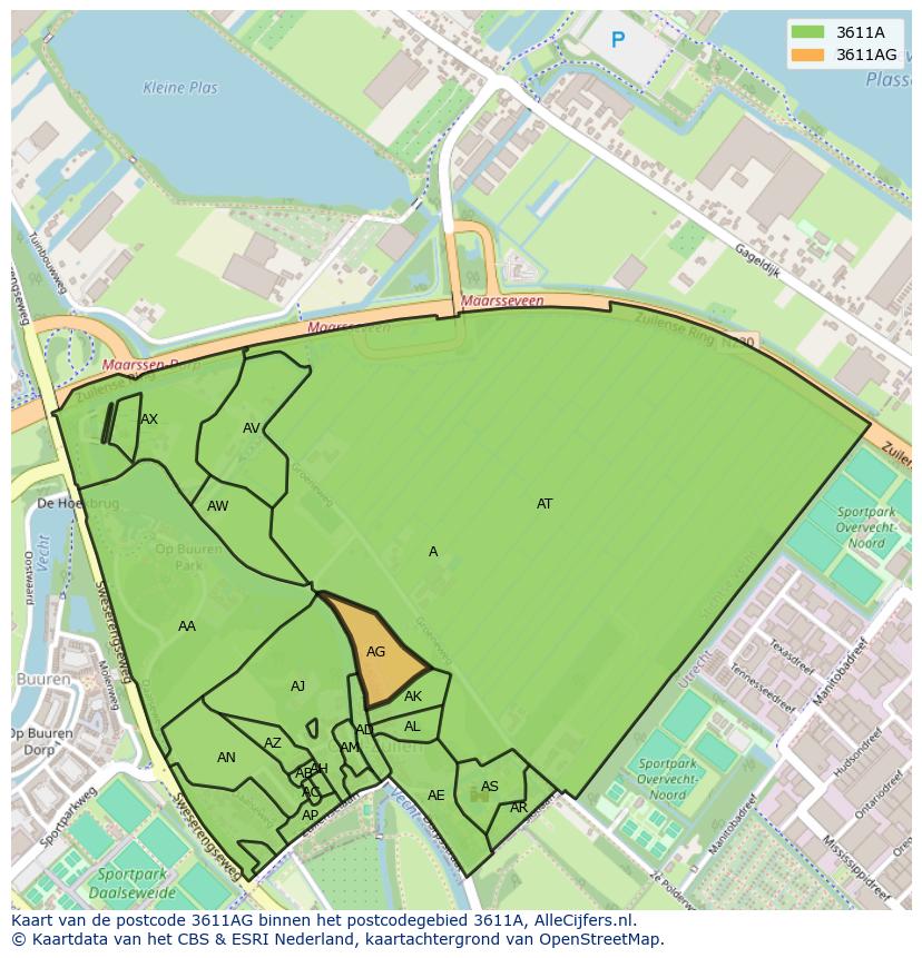 Afbeelding van het postcodegebied 3611 AG op de kaart.