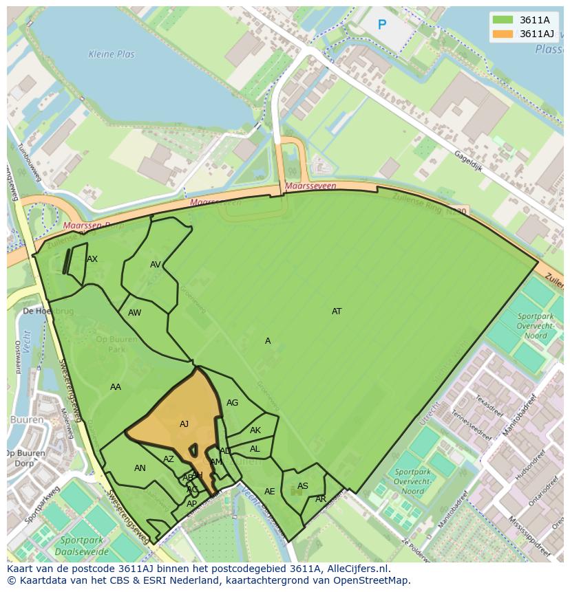 Afbeelding van het postcodegebied 3611 AJ op de kaart.