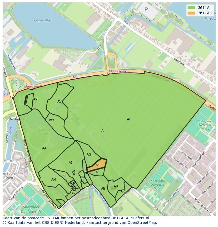 Afbeelding van het postcodegebied 3611 AK op de kaart.