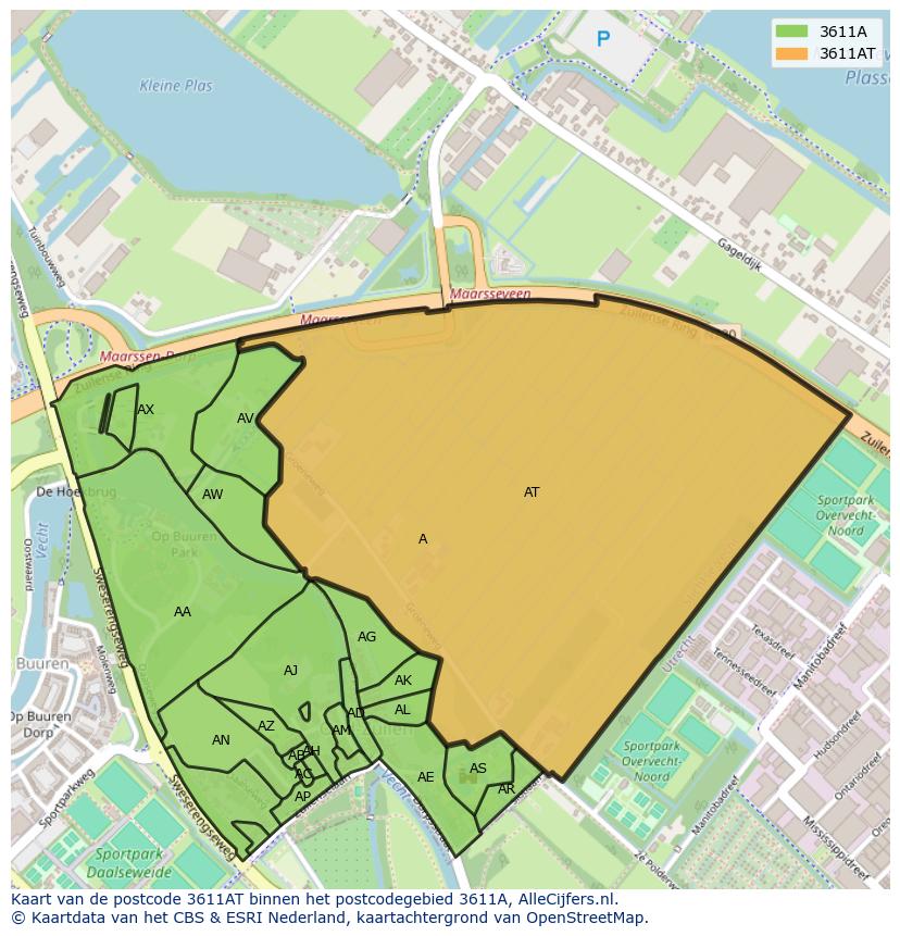 Afbeelding van het postcodegebied 3611 AT op de kaart.