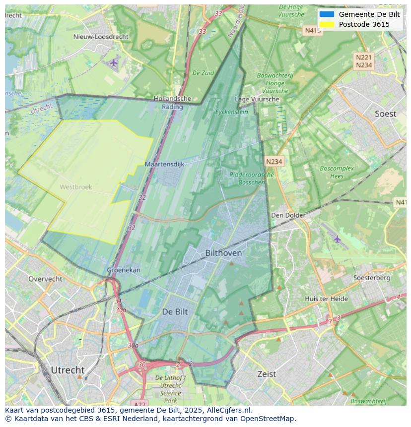 Afbeelding van het postcodegebied 3615 op de kaart.
