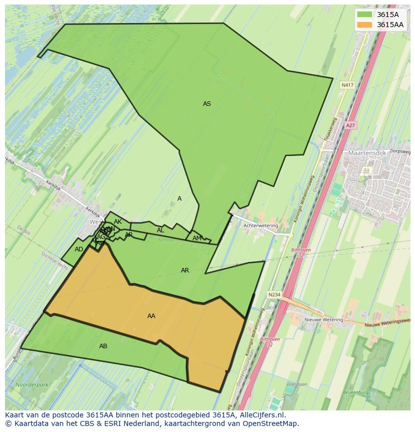 Afbeelding van het postcodegebied 3615 AA op de kaart.
