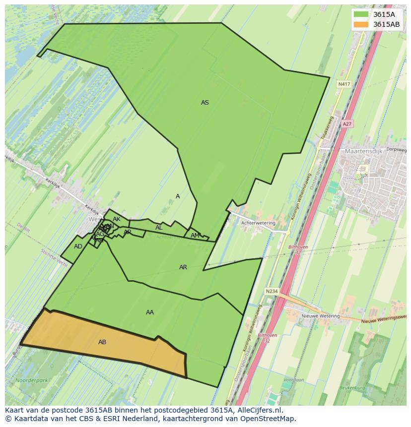 Afbeelding van het postcodegebied 3615 AB op de kaart.