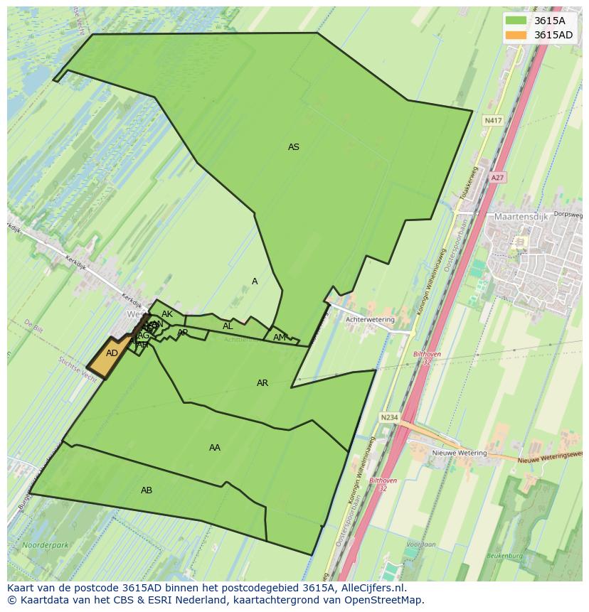 Afbeelding van het postcodegebied 3615 AD op de kaart.