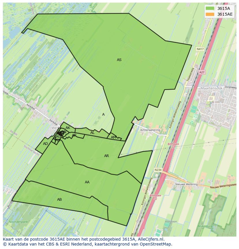 Afbeelding van het postcodegebied 3615 AE op de kaart.