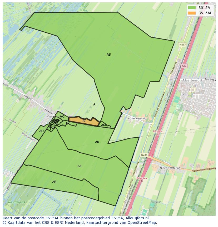 Afbeelding van het postcodegebied 3615 AL op de kaart.