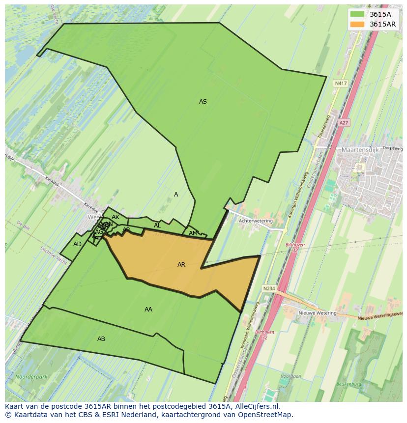 Afbeelding van het postcodegebied 3615 AR op de kaart.