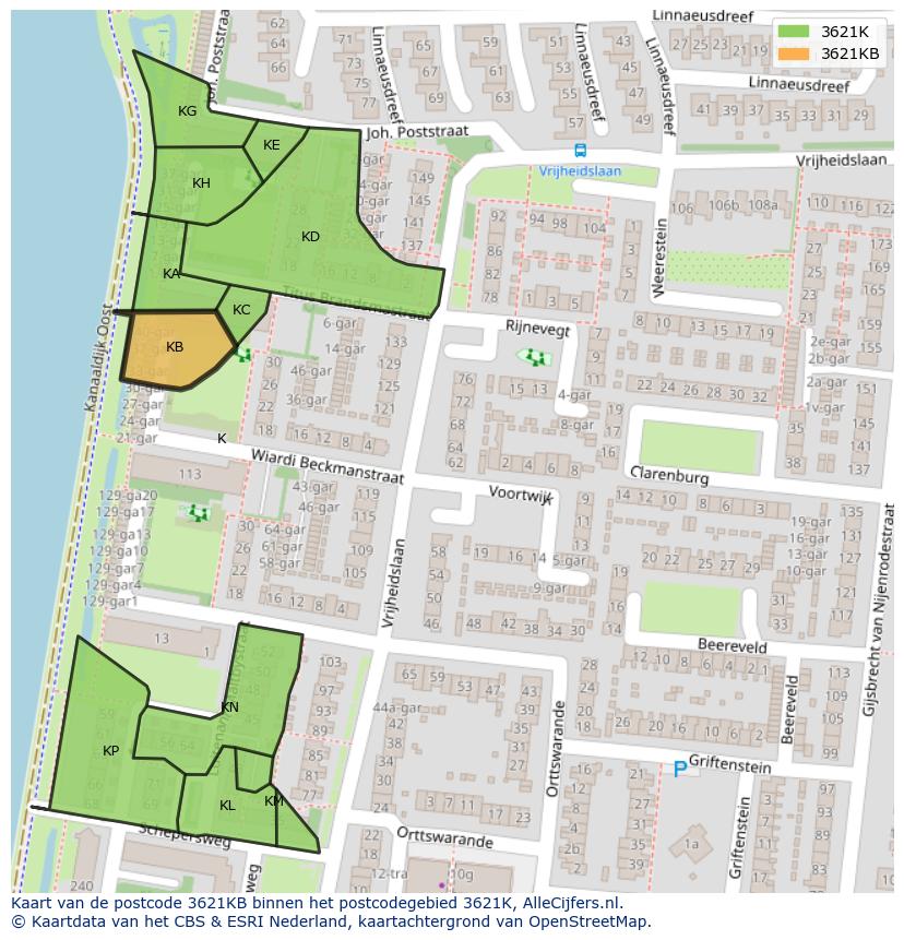 Afbeelding van het postcodegebied 3621 KB op de kaart.