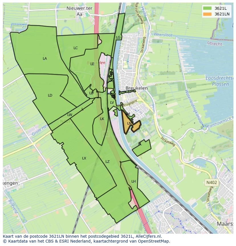 Afbeelding van het postcodegebied 3621 LN op de kaart.