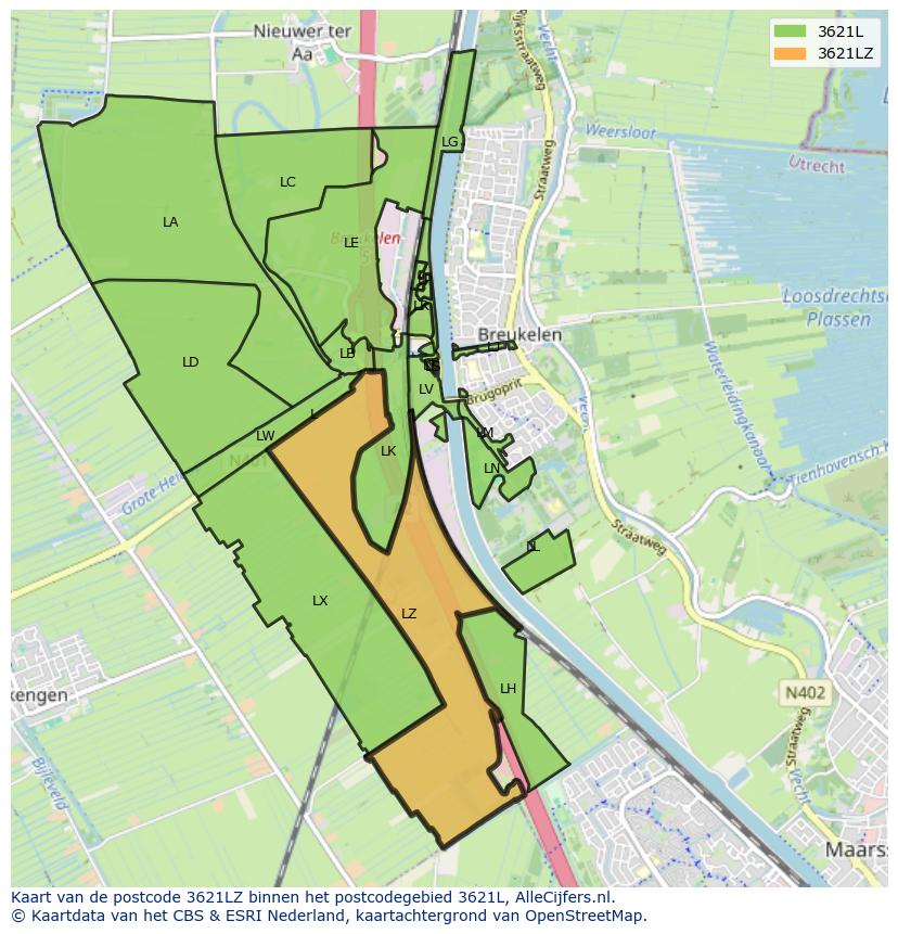 Afbeelding van het postcodegebied 3621 LZ op de kaart.