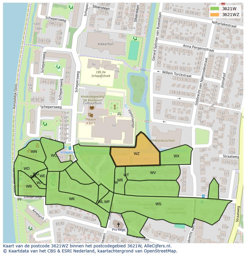 Afbeelding van het postcodegebied 3621 WZ op de kaart.
