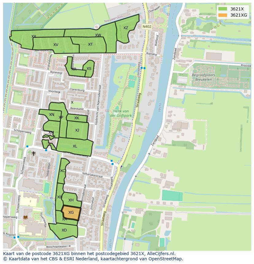 Afbeelding van het postcodegebied 3621 XG op de kaart.