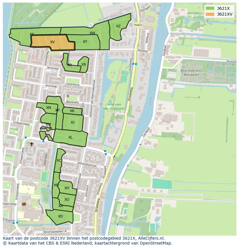 Afbeelding van het postcodegebied 3621 XV op de kaart.