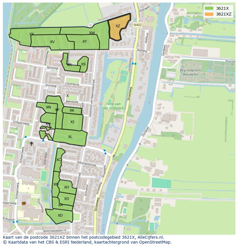 Afbeelding van het postcodegebied 3621 XZ op de kaart.