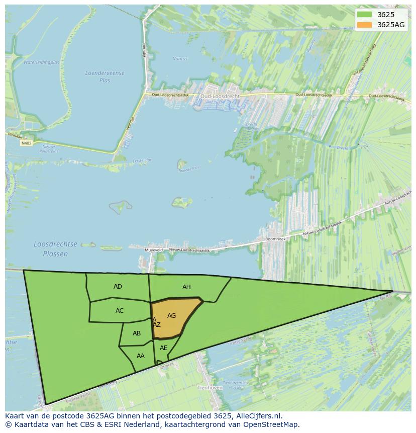 Afbeelding van het postcodegebied 3625 AG op de kaart.