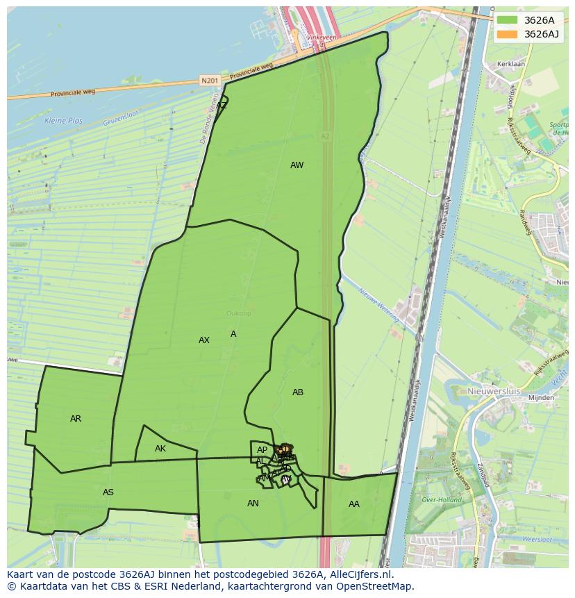 Afbeelding van het postcodegebied 3626 AJ op de kaart.