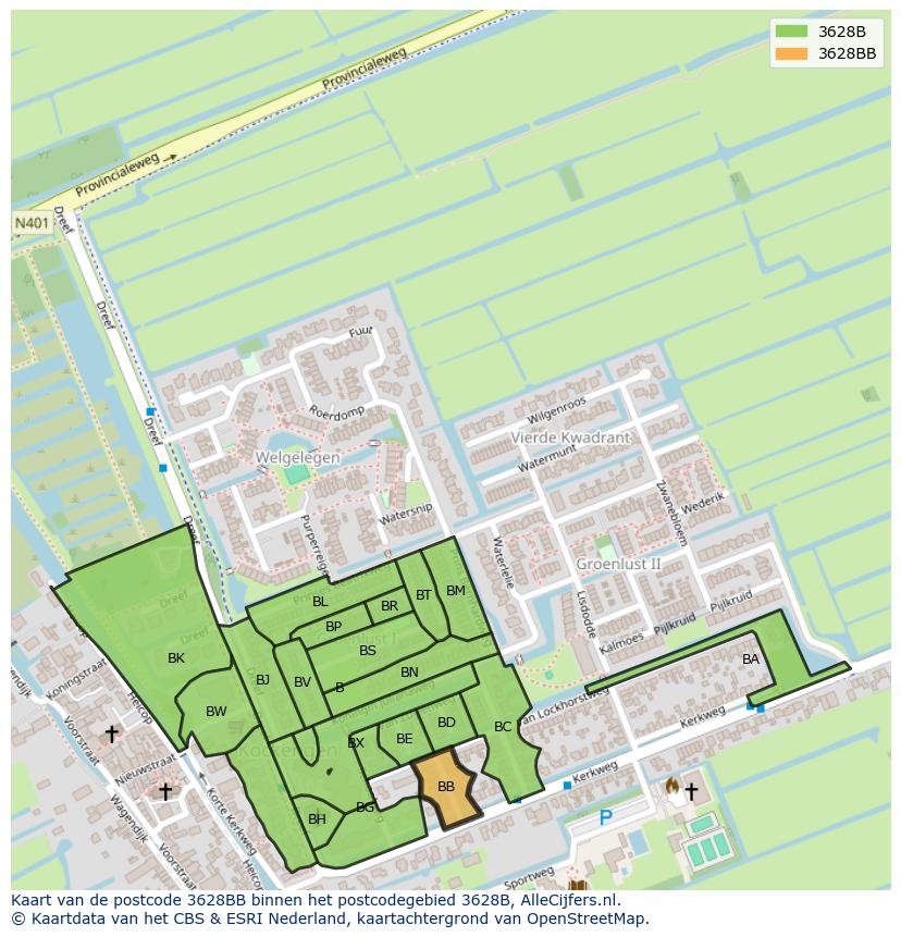 Afbeelding van het postcodegebied 3628 BB op de kaart.