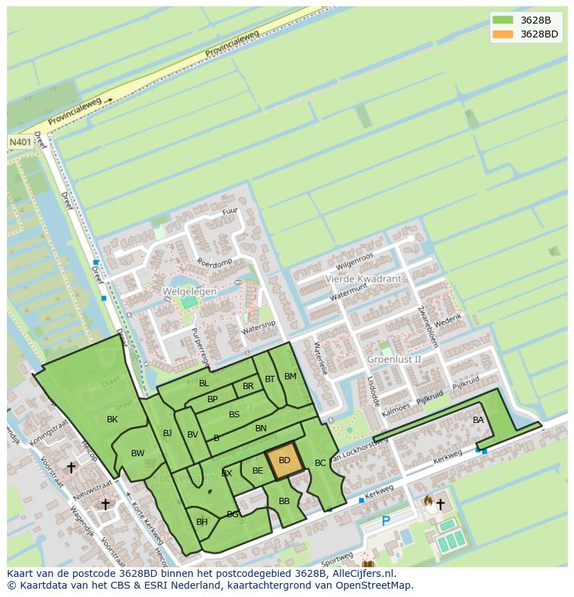 Afbeelding van het postcodegebied 3628 BD op de kaart.
