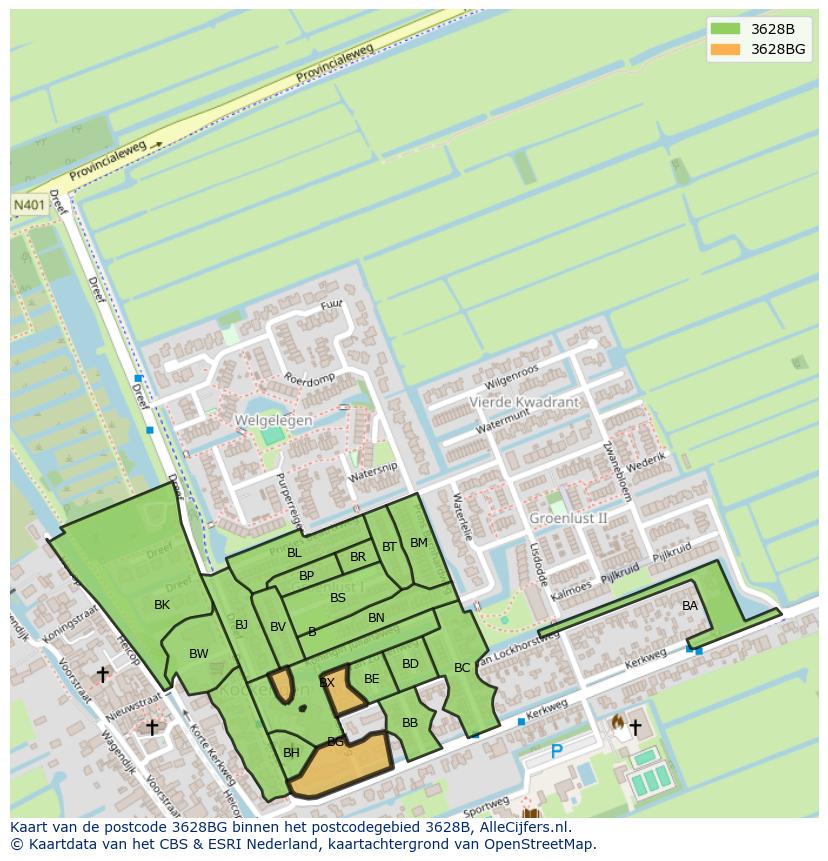 Afbeelding van het postcodegebied 3628 BG op de kaart.