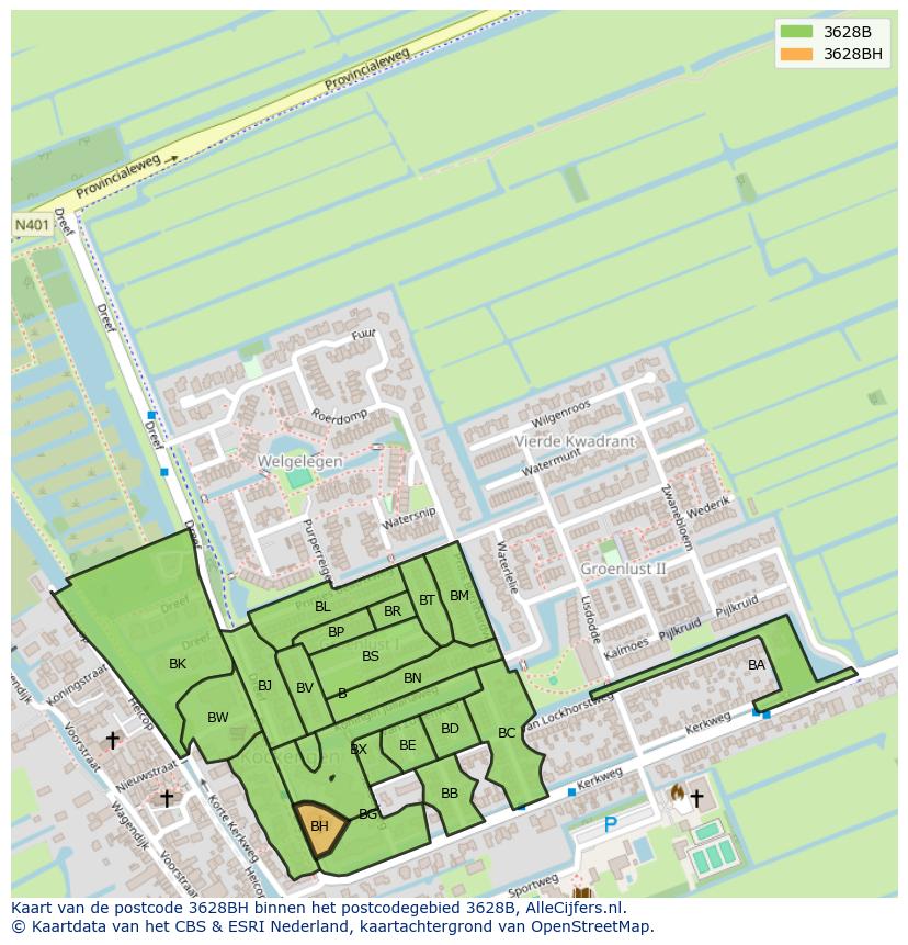 Afbeelding van het postcodegebied 3628 BH op de kaart.