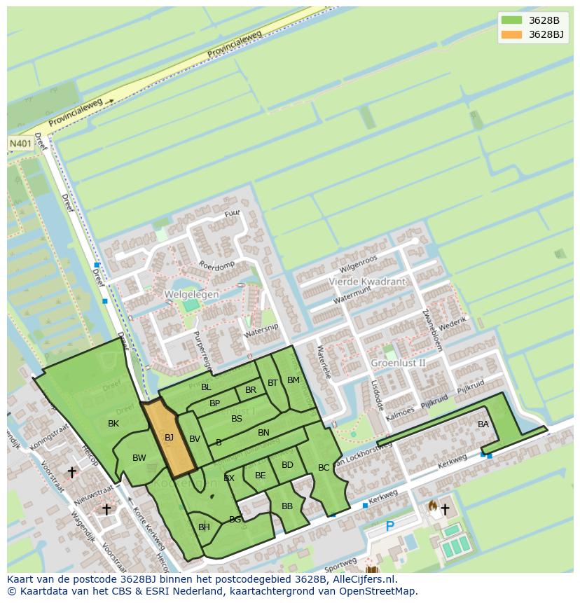 Afbeelding van het postcodegebied 3628 BJ op de kaart.