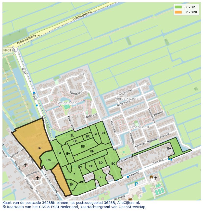Afbeelding van het postcodegebied 3628 BK op de kaart.