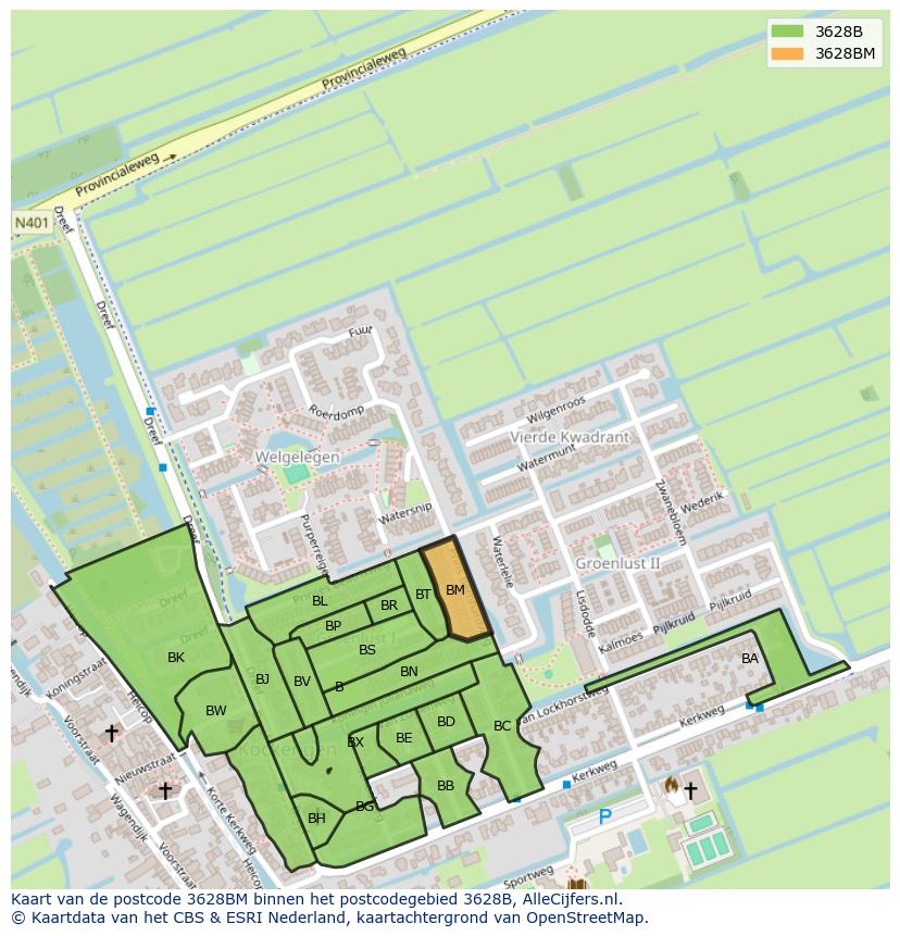 Afbeelding van het postcodegebied 3628 BM op de kaart.