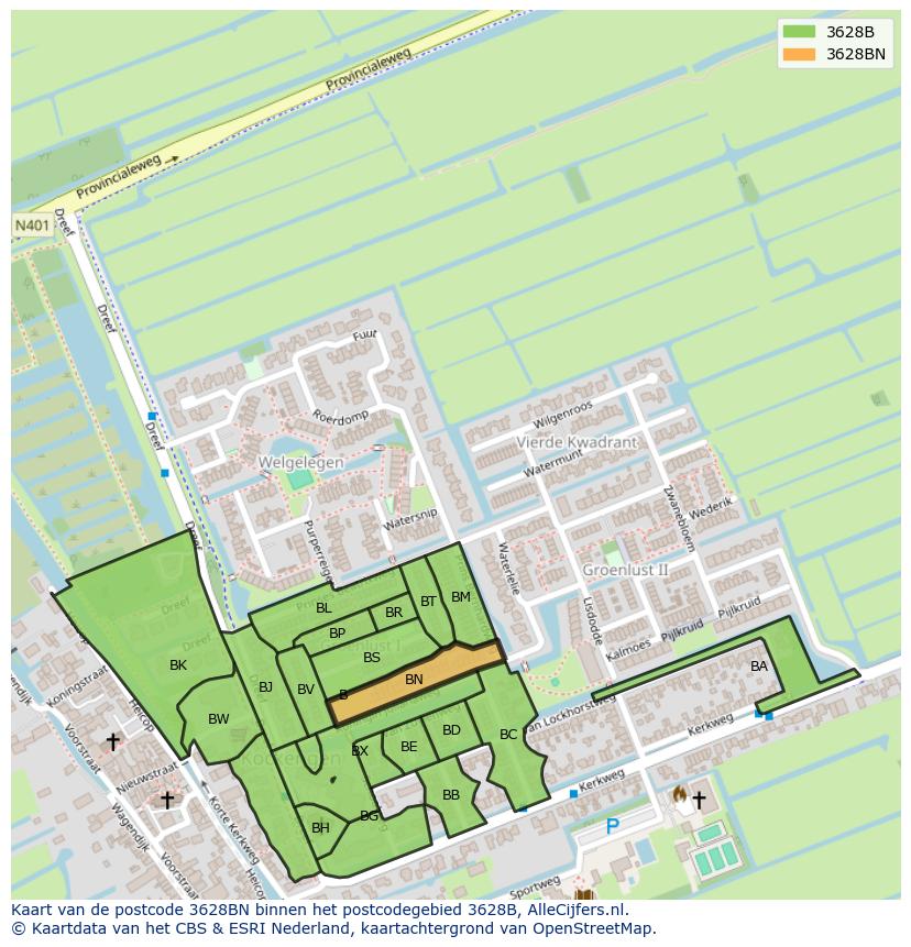 Afbeelding van het postcodegebied 3628 BN op de kaart.