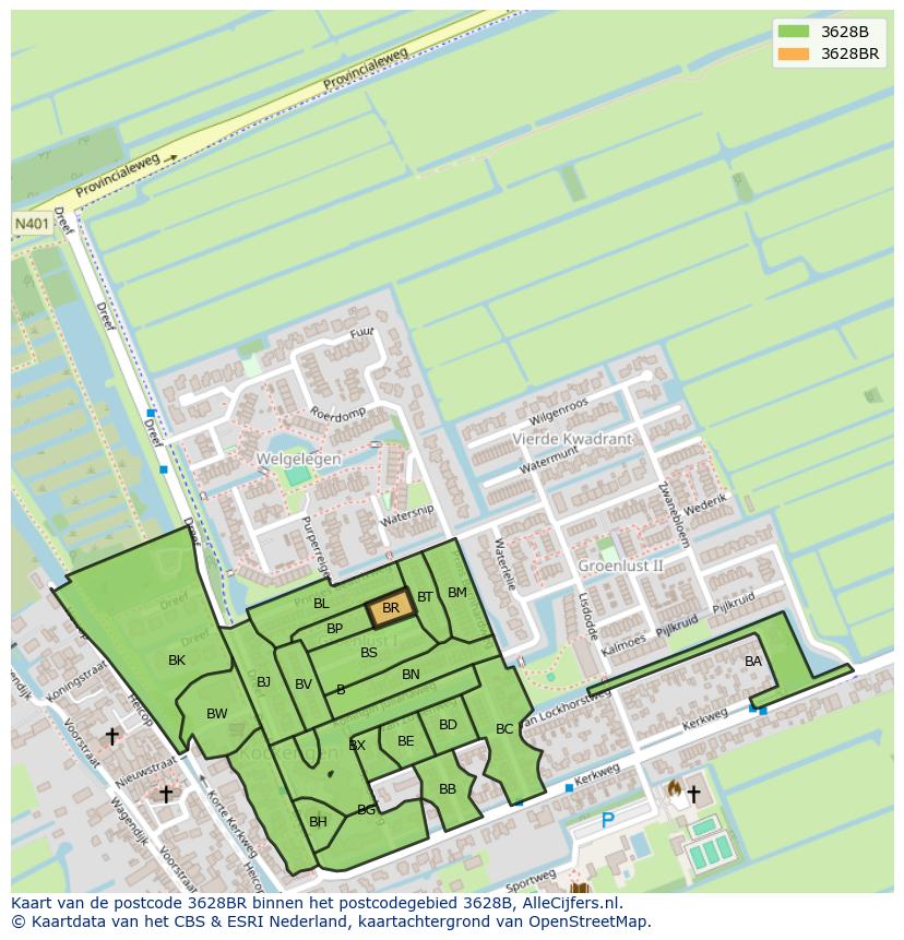 Afbeelding van het postcodegebied 3628 BR op de kaart.