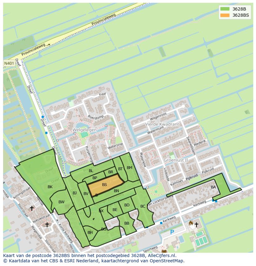 Afbeelding van het postcodegebied 3628 BS op de kaart.