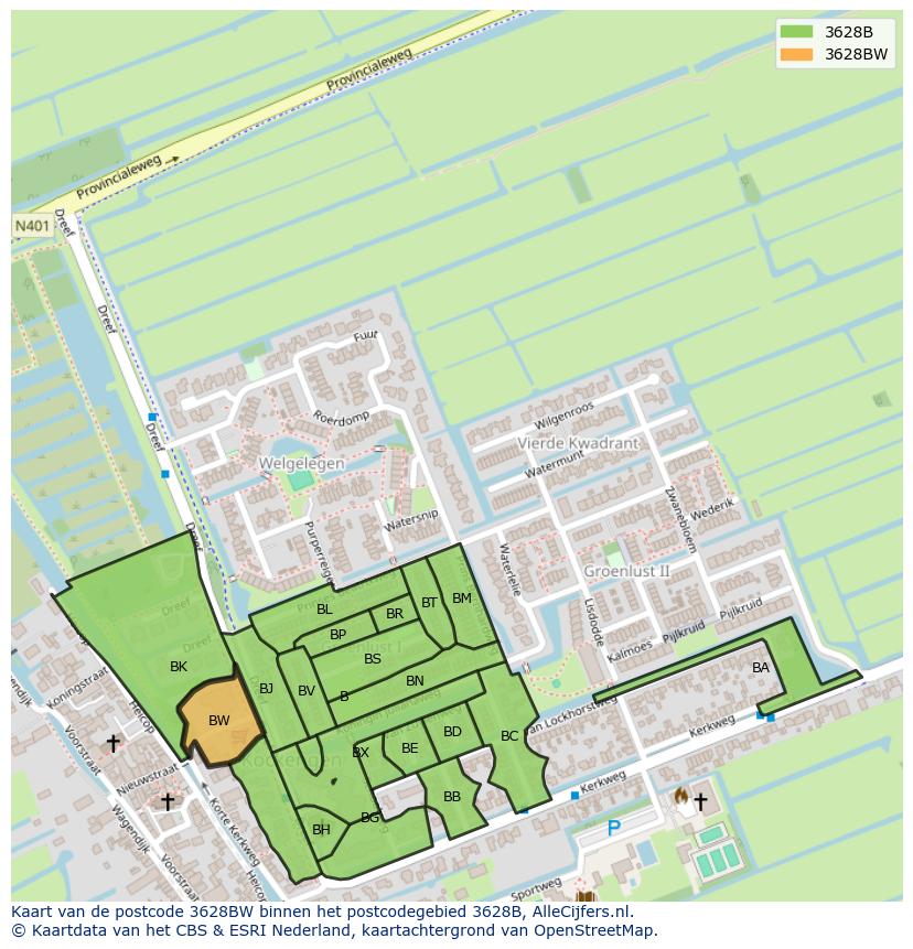 Afbeelding van het postcodegebied 3628 BW op de kaart.